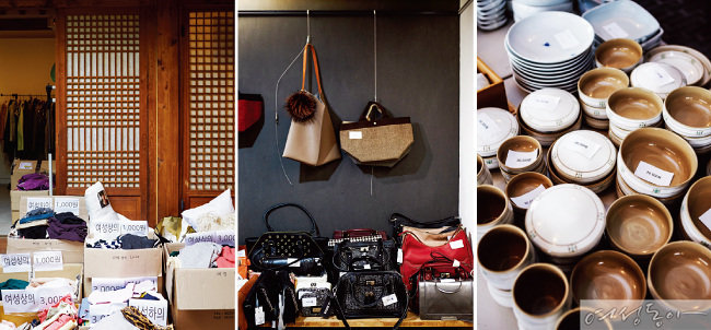 예올 알뜰시장에 진열된 다양한 기부 물품들. 쓸만한 물건을 아주 저렴하게 판다.