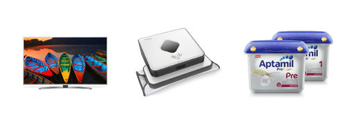 LG 스마트TV, 아이로봇 브라바 로봇청소기, 독일 고급분유 압타밀(왼쪽부터). 사진제공｜G9