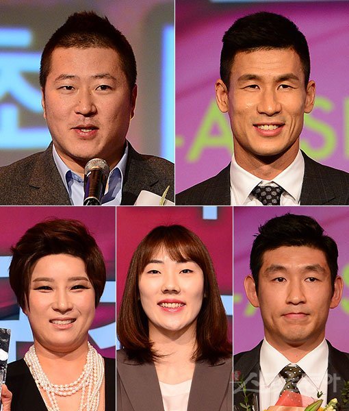 프로야구 최형우-프로축구 정조국-남자프로농구 양동근-여자프로농구 박혜진-특별상 박세리(왼쪽 상단부터 시계방향으로). 김민성 기자 marineboy@donga.com·김진환 기자 kwangshin00@donga.com
