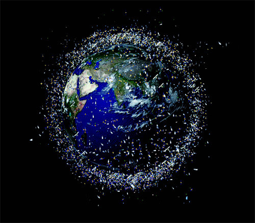 [사진 1] 지구 궤도를 도는 인공물체 중 상당수가 쓰레기로 변해 있다. 지구 주변을 도는 우주쓰레기의 모습을 표현한 그림. ⓒESA