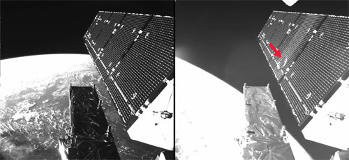 [사진 2] 1mm 이하의 작은 우주물체로 손상된 센티널-1A의 태양 전지판. 빨간 화살표가 손상된 부분이다. ⓒESA