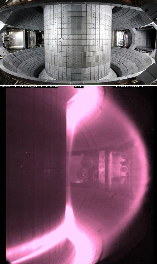 핵융합 실험로인 ‘케이스타(KSTAR)’ 내부에 설치된 진공용기. 아래쪽 사진은 진공용기에서 플라스마가 발생하고 있는 모습. 국가핵융합연구소 제공