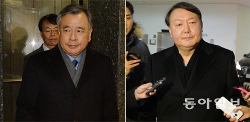 “중요한 수사는 인력 전부 투입” 최순실 국정 농단 의혹을 파헤칠 박영수 특별검사팀이 사무실 입주를 마무리하고 공식 수사 개시를 앞둔 가운데 14일 박 특검(왼쪽 사진)과 윤석열 수사팀장이 서울 강남구 대치동 특검 사무실로 출근하고 있다. 김재명 기자 base@donga.com