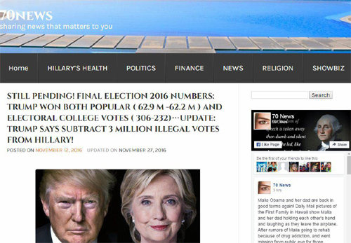 미국 가짜 뉴스 사이트 ‘70뉴스’에 지난달 12일 ‘도널드 트럼프가 선거인단 수와 총득표 수 모두에서 승리했다’는 기사가 떠 있다. 실제로 힐러리 클린턴은 이 기사가 보도된 시점에 선거인단 수에서 뒤졌지만 총득표 수는 앞서고 있었다. 사진 출처 70뉴스