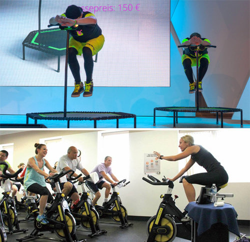 트램펄린 위에서 복근을 사용해 뛰어오르는 점핑피트니스(위)와 고정식 사이클 위에서 여러 동작을 수행하며 운동하는 스피닝(아래)이 최근 인기다. 재미와 함께 칼로리 소비가 높다는 장점이 있다. Flickr·위키미디어 제공