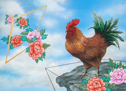 기운 생동하는 붉은 닭과 부귀영화를 의미하는 모란꽃, 그리고 현재를 상징하는 기하학적 형태를 함께 구성한 이돈아 작가의 작품.