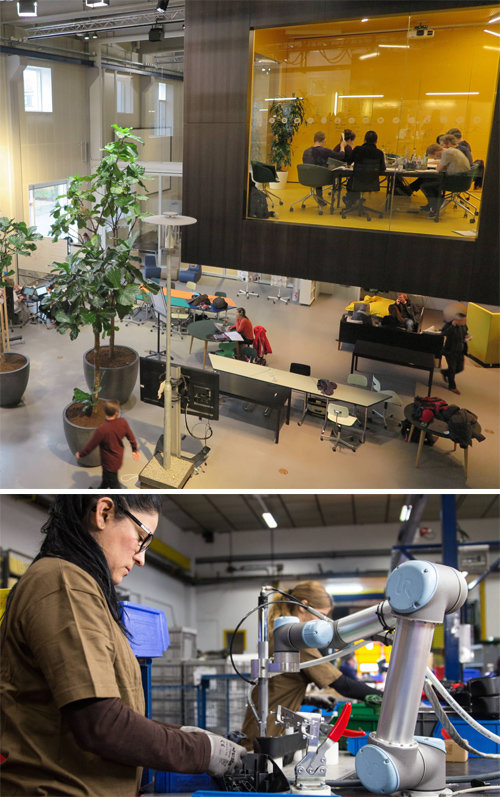 세계적 강소기업 만드는 ‘R&D 허브’ 덴마크의 코펜하겐 소재 덴마크공과대(DTU)에 있는 
‘DTU스카이랩’ 내부. ‘자유롭게 소통하라’는 뜻에서 회의실 벽을 유리로 만들었고, 책상도 쉽게 배치를 바꿀 수 있게 했다(위
 사진). 덴마크의 세계적인 로봇 제조 스타트업인 유니버설로봇의 로봇팔을 이용해 작업 중인 근로자. 이 로봇은 사람의 팔처럼 
3개의 관절로 돼 있으며, 중소기업에서도 적은 비용으로 손쉽게 활용할 수 있다. 코펜하겐=김성규 기자 
sunggyu@donga.com·유니버설로봇 제공