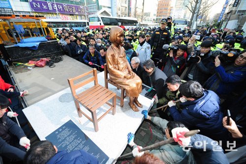 지난해 12월 28일 부산 동구 일본영사관 앞에 기습 설치된 평화의 소녀상을 구청 직원들이 강제로 철거하고 있다. 강성명 기자 smkang@donga.com