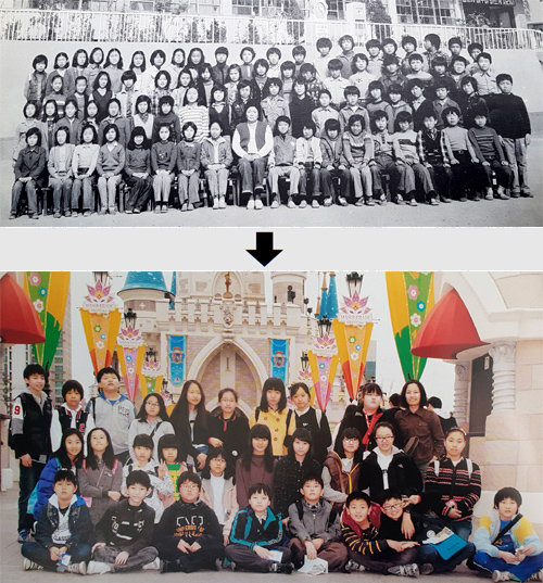 1981년 76명→ 2011년 27명… 확 줄어든 독립문초등학교 한 학급 졸업생 서울 독립문초등학교의 1981년 졸업사진(위쪽 사진)에 찍힌 한 학급 학생 수는 76명이다. 2011년 졸업사진(아래쪽 사진)에는 고작 27명(한 학급)만 찍혀 있다. 독립문초교 제공