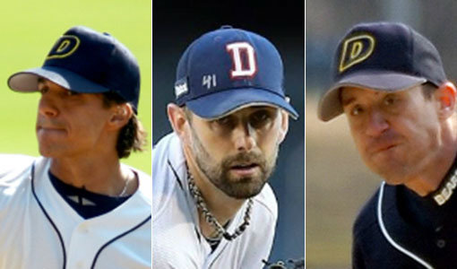 다니엘 리오스-더스틴 니퍼트-게리 레스(왼쪽부터). 사진제공｜두산 베어스