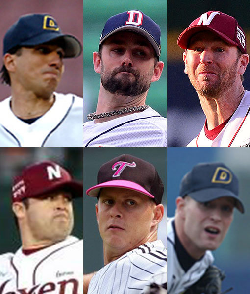 리오스-니퍼트-밴 헤켄-랜들-옥스프링-나이트(왼쪽 상단부터 시계방향으로). 사진｜스포츠동아DB·두산 베어스·LG 트윈스·넥센 히어로즈