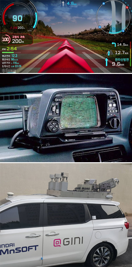 증강현실(AR) 기술이 적용된 팅크웨어의 내비게이션. 길 안내 정보들이 지도 그림이 아닌 실사 영상 위에 표시돼 있다(위). 
1981년 일본 혼다자동차에서 개발한 ‘일렉트로 자이로케이터’. 자동차 내비게이션의 시초이다(가운데). 내비게이션 지도정보를 
수집하는 현대엠앤소프트의 조사 차량. 차량에 고성능 레이저 스캐너 장치와 GPS, 카메라 4대, 주행거리측정장치 등 첨단 장비들이
 탑재돼 있다(아래). 각 회사 제공