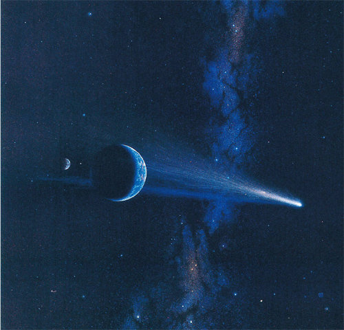 지구와 달이 은하수를 배경으로 혜성의 꼬리를 통과하는 모습을 그린 릭 스턴백의 작품. 사이언스북스 제공
