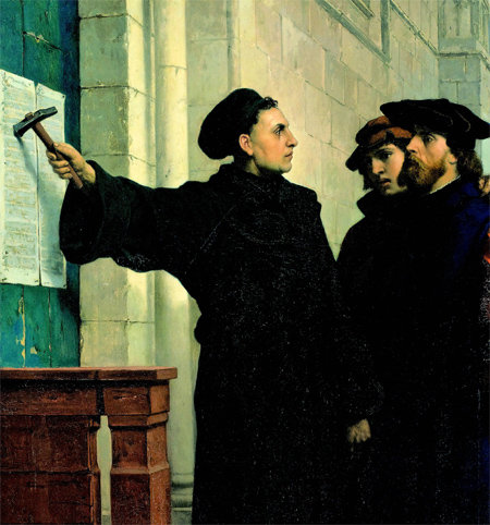 1517년 10월 31일 마르틴 루터가 비텐베르크 교회 문에 ‘95개조 반박문’을 못으로 박고 있는 모습. 페르디난트 포웰스가 1872년 그린 그림이다. 이른비 제공