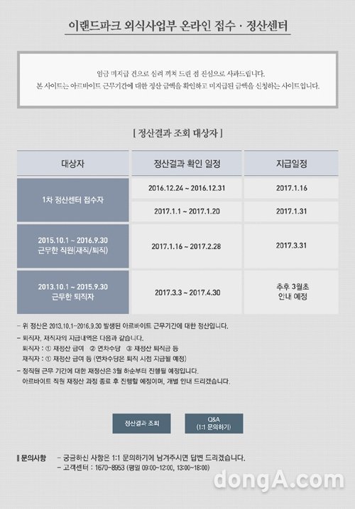 미지급 온라인 정산센터 화면. 사진=이랜드파크 제공