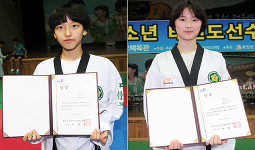 대전체고 한나연(왼쪽)과 황유시는 대전스포츠과학센터의 체계적 지원에 힘입어 지난해 태권도청소년대표로 선발됐다. 사진제공 ｜ 대전스포츠과학센터