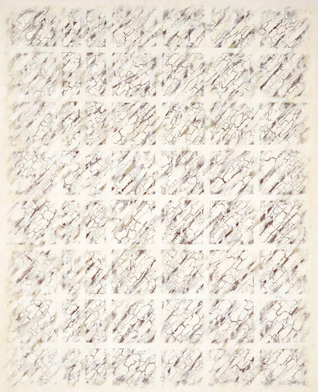 ▲‘균열 80-320’, 1980년 작. 윤명로 화백의 ‘균열’ 시리즈는 물감이 건조되면서 생기는 갈라짐이라는 화학적 작용을 이용한 작품이다. 이 갈라짐은 분열의 사회상에 대한 비유로도 읽힌다. 인사아트센터 제공