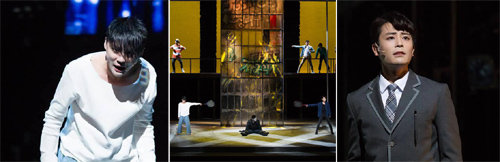 엘이 라이토에게 테니스 경기를 제안하며 승부욕을 시험하는 모습(가운데). 엘 역의 김준수(왼쪽)와 라이토 역의 한지상은 팽팽한 두뇌 싸움을 벌인다.씨제스컬쳐 제공