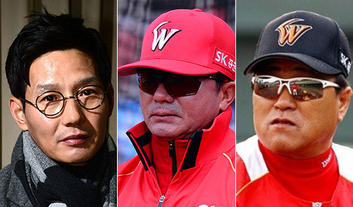 SK 염경엽 단장-김성갑 수석코치-김무관 2군 감독(왼쪽부터). 사진｜스포츠동아DB·SK 와이번스
