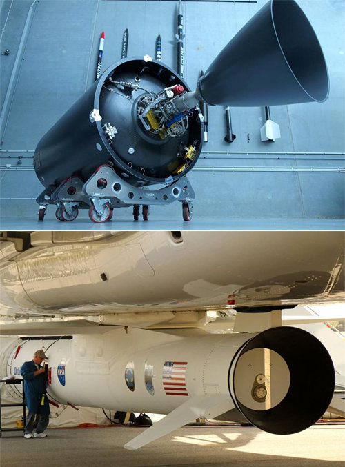 세계 최초의 전기모터 엔진 ‘러더퍼드’(첫번째 사진). 이를 개발한 미국 스타트업 로켓랩은 이르면 내달 러더퍼드 엔진 10개로 이뤄진 2단 로켓 ‘일렉트론’의 첫 시험발사에 나선다. 지난해 12월 15일 미국항공우주국(NASA)의 허리케인 관측위성을 실은 오비털ATK의 공중발사 로켓 ‘페가수스XL’이 록히드마틴의 항공기 ‘스타게이저’에 장착된 모습(두번째 사진). 로켓랩·미국항공우주국 제공