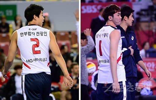 한국전력 동료인 서재덕(왼쪽)과 전광인은 서로를 겨냥한 문구로 웃음을 자아냈다. 천안 ｜ 김종원 기자 won@donga.com