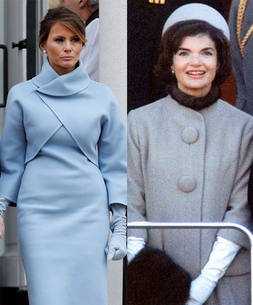 도널드 트럼프 미국 대통령의 부인 멜라니아 여사가 20일 남편의 취임식에 하늘색 원피스와 재킷을 입고 나타났다(왼쪽 사진). 
1961년 존 F 케네디 대통령(35대)의 취임식 때 부인 재클린 여사(오른쪽 사진)의 의상과 비슷하다는 평가가 나온다. AP 
뉴시스·텔레그래프