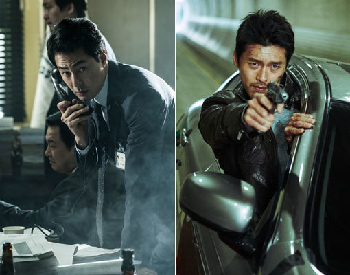 조인성 주연의 ‘더 킹’(왼쪽)과 현빈의 ‘공조’가 설 연휴를 앞두고 흥행 2라운드에 돌입했다. 각기 다른 장르와 이야기로 관객을 공략한다. 사진제공｜우주필름·JK필름