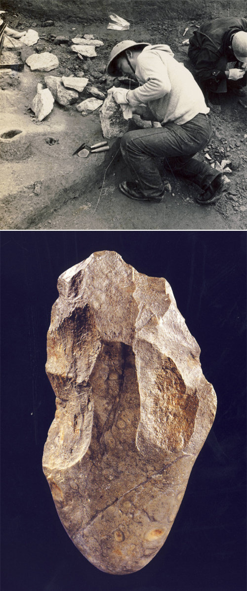 공주 석장리 유적에서 발굴 작업을 벌이고 있는 파른 손보기 선생의 생전 모습(위 사진). 아래는 이곳에서 1968년 남한 최초로 출토된 주먹도끼. 석장리박물관 제공
