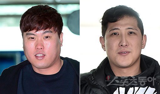 류현진(왼쪽)과 황재균이 25일 나란히 인천국제공항을 통해 미국으로 출국했다. 각자 처한 상황은 다르지만, 2명 모두 생존을 위해 다부진 각오를 드러냈다. 인천공항｜김종원 기자 won@donga.com