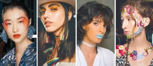 오렌지 레드 컬러를 관자놀이를 중심으로 펴 바른 ‘겐조’의 모델. ‘블루걸’은 형광기 섞인 오렌지 컬러를 눈두덩 전체에 글로시하게 바른 메이크업을 선보였다. ‘톰 브라운’의 모델은 매트한 블루 컬러 립스틱을 바르고 등장했다. ‘프린’의 모델은 님프를 연상시키는 꽃 장식으로 메이크업을 대신했다(왼쪽부터). 맥 제공