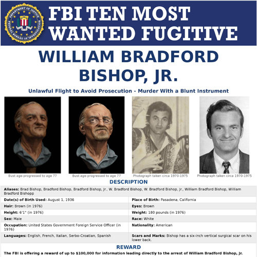 미국 연방수사국(FBI) 홈페이지에 게재된 살인 용의자 수배 전단. 시간이 흘러 수배자의 늙은 모습을 가정한 사진과 그의 별명, 문신, 흉터까지 생생하게 묘사한 게 특징이다. FBI 홈페이지
