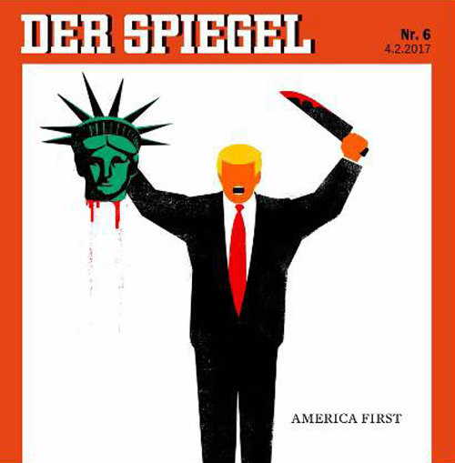 獨잡지 “자유의 여신상 참수한 트럼프” 독일 주간지 슈피겔이 최신호 표지에 도널드 트럼프를 실었다. 트럼프가 자유의 여신상을 참수하는 그림을 통해 미국의 정신이 파괴되고 있다고 비판했다. 사진 출처 슈피겔