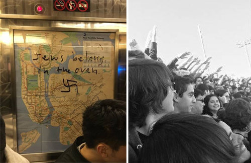 나치문양… 나치경례… 4일 미국 뉴욕 지하철 열차 안에 설치된 안내 지도판 위에 나치 독일의 상징 
문양인 ‘하켄크로이츠’와 함께 유대인 학살을 연상시키는 ‘유대인은 (뜨거운) 오븐 안에 산다’라는 글귀가 적혀 있다(왼쪽 사진).
 지난달 31일 텍사스 주의 한 고교 졸업식에선 남학생들이 단체사진 촬영 도중 나치 경례 포즈를 취해 물의를 일으켰다(오른쪽 
사진). 페이스북·트위터 캡처