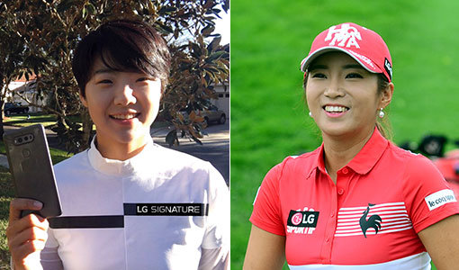 이번 스토브리그 최대어로 꼽힌 박성현(왼쪽)은 하나금융그룹, LG전자, 대한항공 등이 새 스폰서로 참여하면서 대박계약의 주인공이 됐다. 일본여자프로골프를 평정하고 있는 이보미는 머리부터 발끝까지 10개가 넘는 기업들의 로고로 가득한 ‘걸어 다니는 광고판’이다. 사진｜스포츠동아DB·LG전자