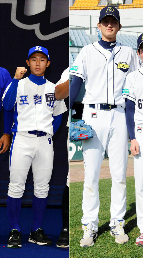 2017 KBO리그 등록 선수 중 최단신인 삼성 신인 김성윤(163cm왼쪽 사진)과 최장신 두산 장민익(207cm).