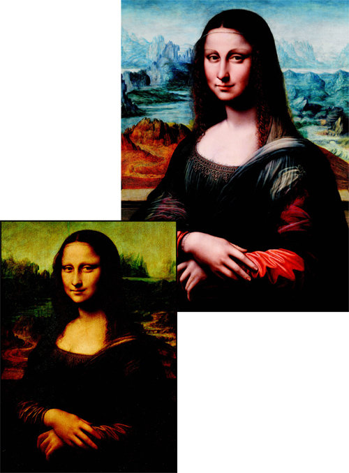 레오나르도 다빈치의 공방에서 그린 것으로 추정되는 ‘모나리자’(오른쪽 사진)와 다빈치의 원작 ‘모나리자’. 학고재 제공