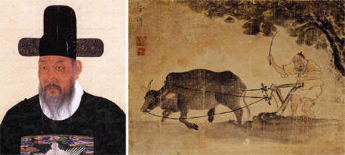 19세기 화원 양기훈이 그린 ‘밭갈이’(오른쪽 사진). 조선시대 토지 개간이 확대되면서 사육하는 소의 개체수가 늘어 소에서 인간으로 전염된 홍역과 천연두가 크게 유행했다. 왼쪽사진은 조선 후기 문신 구인후의 초상화로 천연두를 앓은 흔적(곰보)이 뚜렷하다. 푸른역사 제공