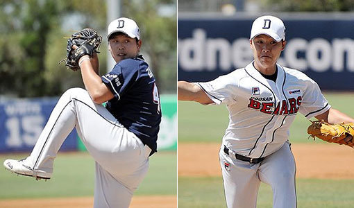 두산 김명신-박치국(오른쪽). 사진제공｜두산 베어스