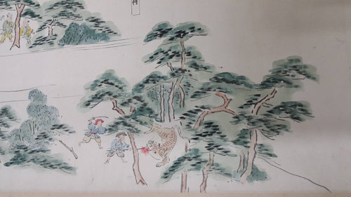 동래 왜관 모습 그림 일본인이 부산 동래 왜관의 모습과 풍속을 그린 ‘조선도회’의 한 장면으로 일본인이
 호랑이를 사냥하고 있다. 왜관 모습이 상세하게 묘사된 그림은 극히 드물다. 전체 그림은 세로 30.8cm, 가로 1446cm의 
두루마리다. 고려대 해외한국학자료센터 제공