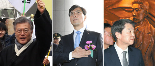 야권 주자들 3·1절 행사 총출동 야권 대선 주자들이 1일 일제히 3·1절 기념행사에 참여했다. 왼쪽 
사진부터 서울 서대문형무소역사관에서 태극기를 흔들고 있는 더불어민주당 문재인 전 대표, 충남 천안 독립기념관에서 국기에 대한 
경례를 하고 있는 안희정 충남도지사, 서울 중구 안중근의사기념관을 방문해 전시관을 둘러보고 있는 국민의당 안철수 전 대표. 최혁중
 기자 sajinman@donga.com·뉴시스·뉴스1