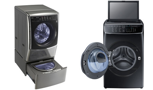 가전기업들이 ‘분리세탁’이 가능한 제품으로 경쟁에 나섰다. LG전자의 ‘트윈워시’(왼쪽)와 삼성전자의 ‘플렉스워시’. 사진제공｜LG전자·삼성전자