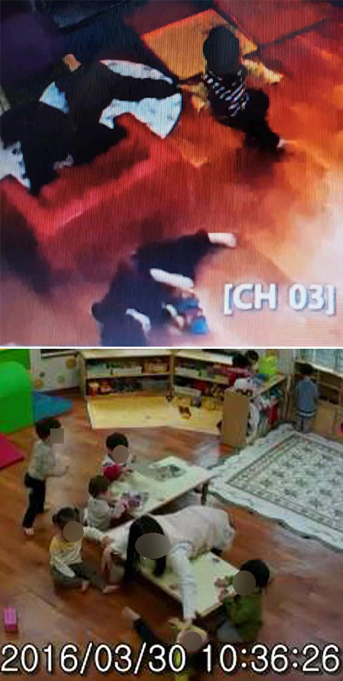 지난해 서울 강남구의 한 어린이집에서 일어난 아동학대 사건 당시 경찰이 확보한 폐쇄회로(CC)TV 화면. 피해자 이모 군이 
교사에게 팔을 잡힌 채 넘어지는 장면(위쪽 사진)과 몸통 부분이 밀려 머리부터 뒤로 넘어가는 장면 등이 포착됐다. CCTV 영상 
캡처