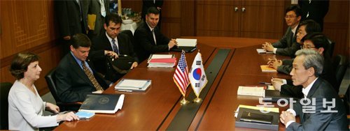 2007년 6월 21일 서울 외교통상부에서 당시 김종훈 한국 측 수석대표(오른쪽)와 웬디 커틀러 미국 측 수석대표가 한미 자유무역협정(FTA) 추가 협상을 시작하고 있다. 동아일보DB