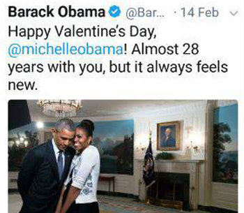 오바마 전 대통령은 밸런타인데이를 맞아 부인 미셸 여사에게 트위터를 통해 ‘28년이나 당신과 함께했지만 늘 새롭게 느낀다’는 메시지를 보냈다. 트위터 캡처
