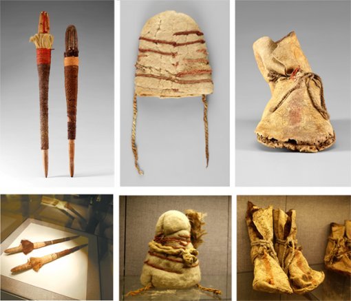 기원전 17세기∼기원전 15세기 중앙아시아 실크로드 샤오허 무덤에서 주술사들의 도구로 쓰인 인형목장구와 시신의 몸에 착용된 펠트 모자, 가죽 신발(왼쪽부터). 국립중앙박물관 수장고에서 확인된 유물(위 사진들)과 중국 측이 샤오허 무덤에서 발굴한 유물(아래)의 외관이 흡사한 것을 확인할 수 있다. 국립중앙박물관·강인욱 교수 제공