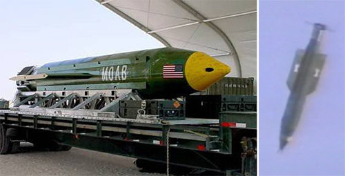 시리아 폭격 일주일만에 또… 미국이 13일(현지 시간) 아프가니스탄에 ‘모든 폭탄의 어머니’로 불리는 
GBU-43을 투하하면서 6차 핵실험 등 전략도발 움직임을 보이는 북한을 압박했다. 오른쪽 사진은 2003년 미 공군의 투하 실험
 당시 공중에서 지상의 목표물을 향해 낙하하는 폭탄의 모습. 사진 출처 미 공군 홈페이지
