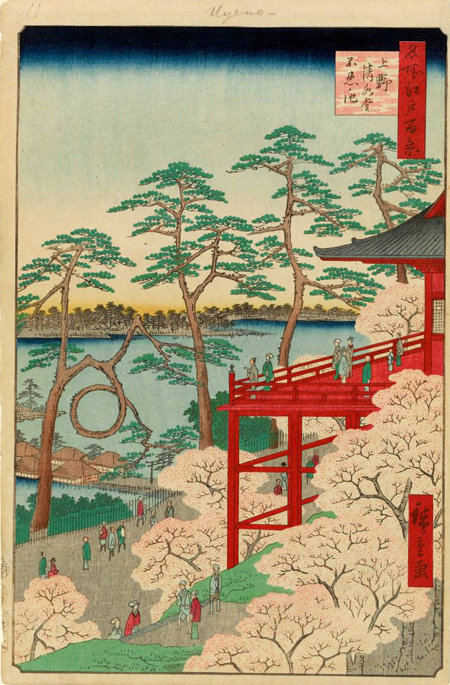 일본 에도시대 말기 화가인 우타가와 히로시게의 판화 작품. 각종 나무로 둘러싸인 사찰의 모습이 눈길을 끈다. 글항아리 제공