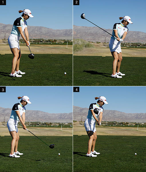 1,2 백스윙의 시작인 테이크백 동작에서 클럽 헤드가 돌아간 상태다. 상체가 충분히 회전되지 않은 상태에서 손목을 꺾거나 돌리면 이 같은 실수를 하게 된다.
3,4 어드레스 때 이룬 팔의 간격을 유지하면서 상체와 클럽이 함께 움직여야 헤드가 돌아가거나 열리는 현상을 막을 수 있다.