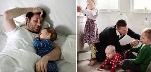 ‘부모휴가’ 중인 스웨덴의 한 아빠가 잠든 아이를 안고 쳐다보고 있는 모습(왼쪽 사진). 부모휴가와 육아휴직을 비교적 자유롭게 활용하는 스웨덴의 아빠들은 아침에 아이 이를 손수 닦아 주기도 한다. 고용노동부 제공