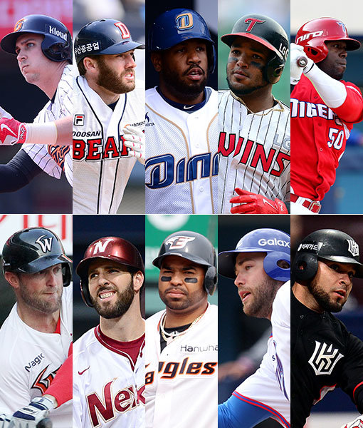 KBO리그에서 뛰고 있는 외국인 타자들. 왼쪽 상단부터 시계방향으로 롯데 번즈-두산 에반스-NC 스크럭스-LG 히메네스-KIA 버나디나-kt 모넬-삼성 러프-한화 로사리오-넥센 대니 돈-SK 워스. 사진｜스포츠동아DB·스포츠코리아·SK 와이번스